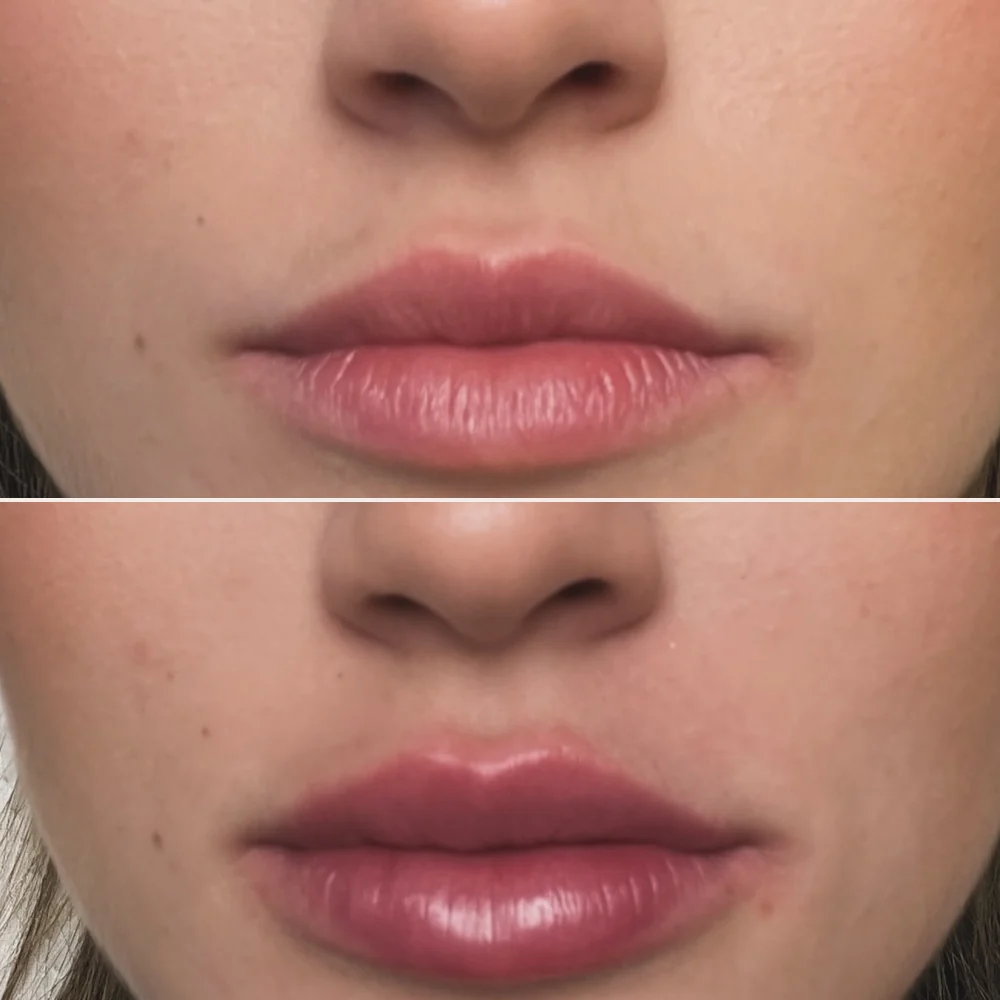 Antes (acima) e depois (abaixo) de preenchimento labial, vista frontal
