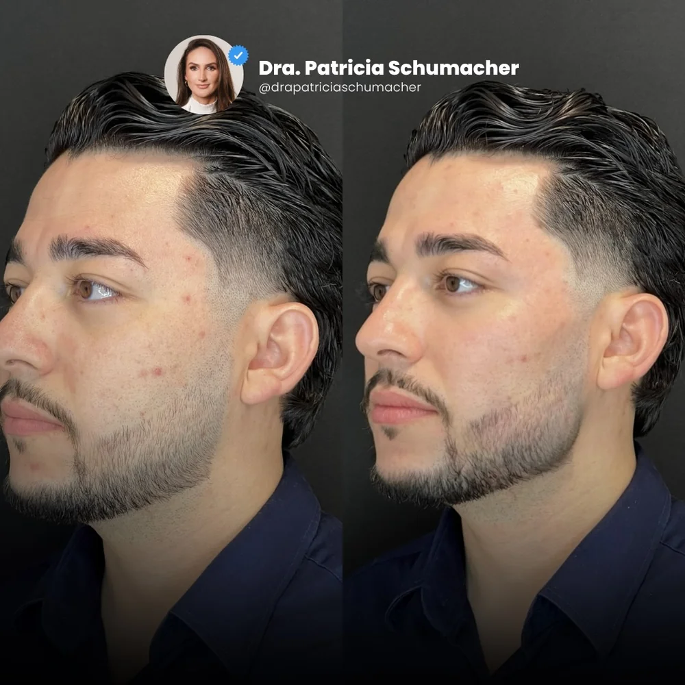 Antes e depois de harmonização facial masculina, vista de perfil